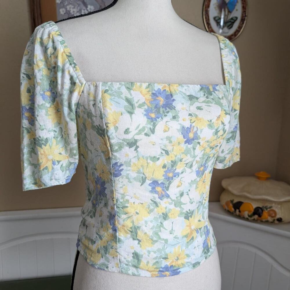 Abercrombie & Fitch Floral Linen-Blend Puff Sleeve Top
